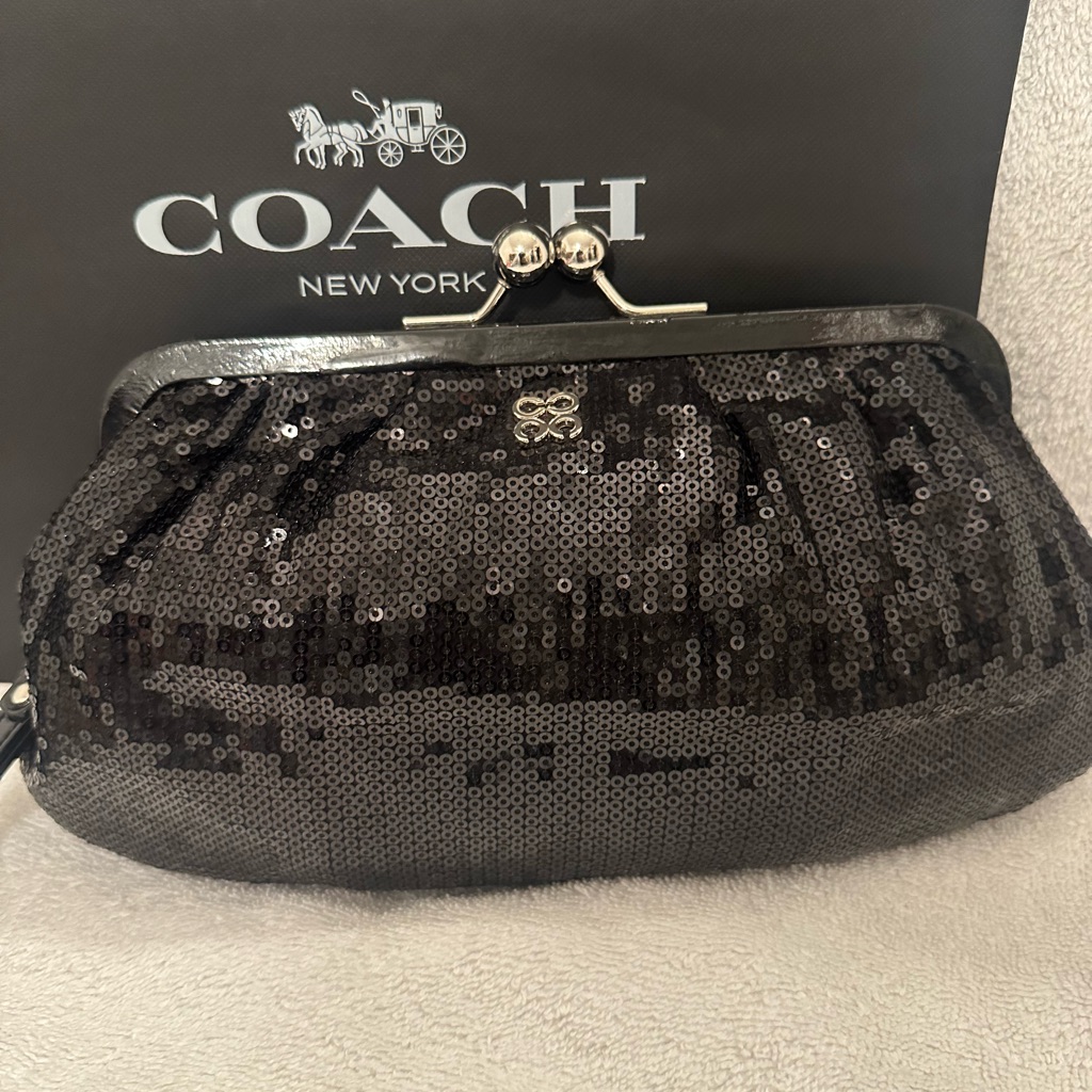 Coach Kisslock Black Sequin Clutch With Patent Trim